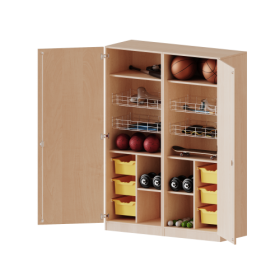 Sportschrank, 5 Ordnerhöhen - Serie evo180 Breite 140,6 cm, Gesamthöhe 190 cm, 4 Ballkörbe, 6 ErgoTray Boxen, mit Sockel (81 mm) Sportschrank, 5 Ordnerhöhen - Serie evo180 Breite 140,6 cm, Gesamthöhe 190 cm, 4 Ballkörbe, 6 ErgoTray Boxen, mit Sockel (81 mm)-image