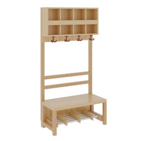 Komplettgarderobe mit doppelter Ablagereihe B/H/T: 80x158x39 cm, 4 Plätze, Sitzhöhe: 34 cm, offene Stütze in Buche-massiv, Schuhrost aus Aluminiumrohren mit Facheinteilungen-image