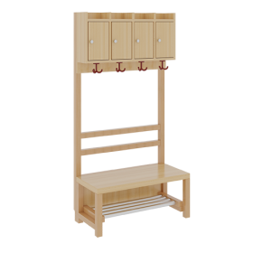 Komplettgarderobe mit Ablagen und Türen B/H/T: 80x158x39 cm, 4 Plätze, Sitzhöhe: 42 cm, offene Stütze in Buche-massiv, mit Schuhrost aus Aluminiumrohren-image