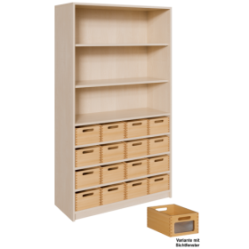 Korpus-Regal mit Materialkästen und offenen Fächern Regale in 3 Breiten und 2 Höhen, Massivholz-Kästen mit/ohne Sichtfenster in entsprechender Anzahl, oben 2 Einlegeböden-image
